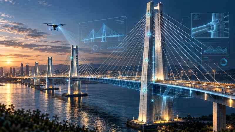 AI-enabled cable-stayed bridge digital twin with structural sensors, drone inspection, and infrastructure monitoring overlays at dusk