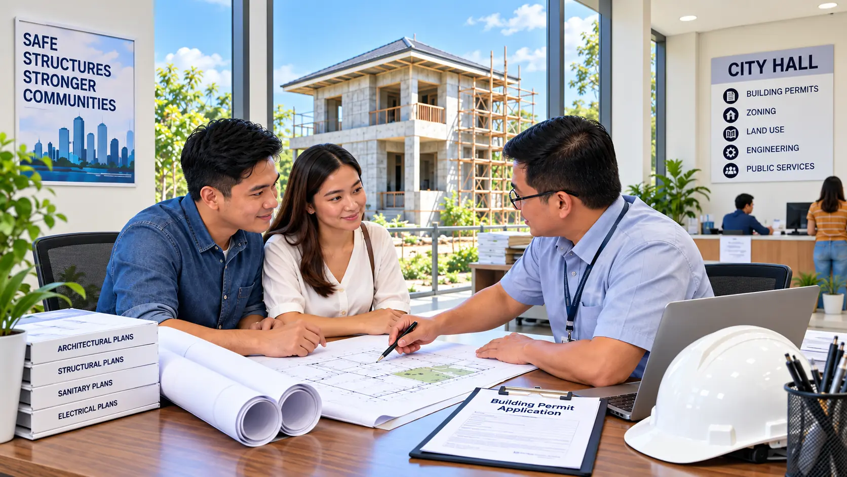 Property owners discussing building permit plans with a Philippine city hall building official