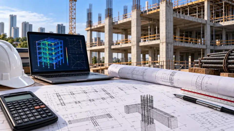 Structural engineering analysis laptop, reinforced-concrete frame, reinforcement, and construction drawings representing PSAD