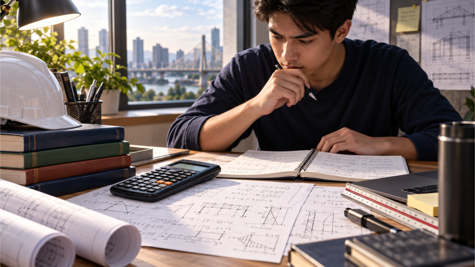 Civil engineering examinee practicing focused problem solving with calculator, structural notes, plans, and study references