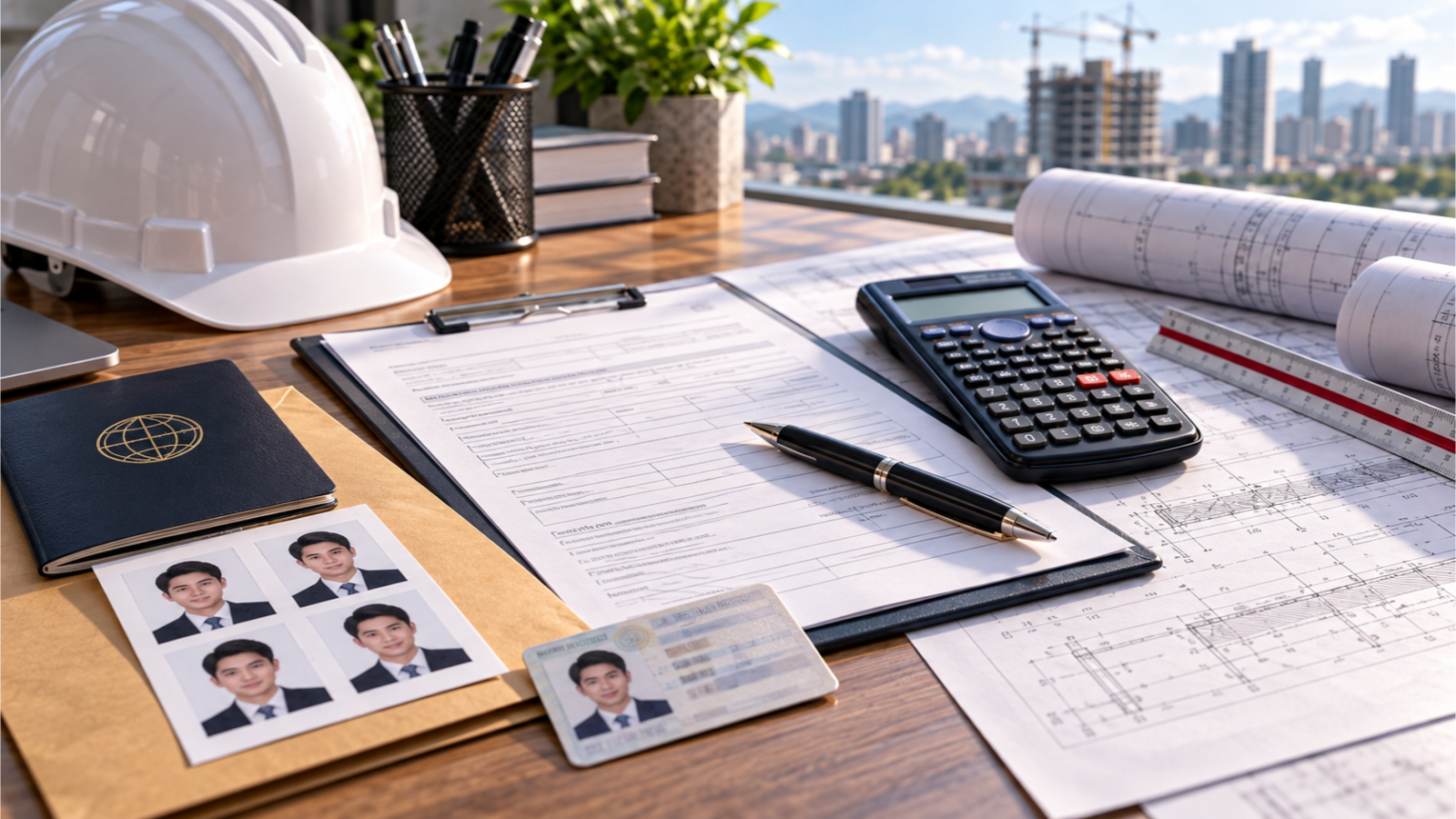 Civil engineering licensure application documents, identification photos, calculator, hard hat, and engineering plans