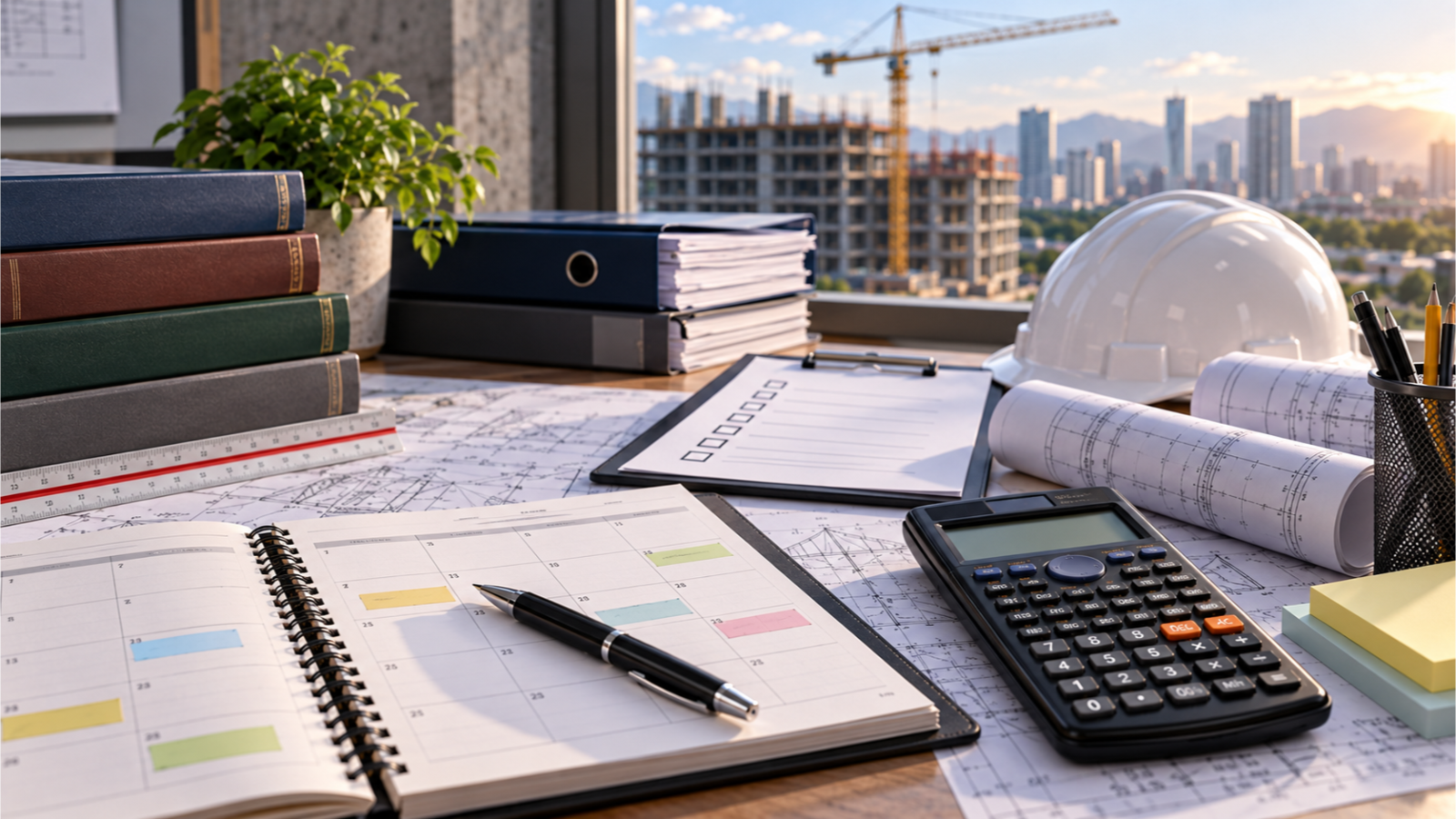 Civil engineering examination planning desk with calendar, checklist, calculator, hard hat, and construction drawings