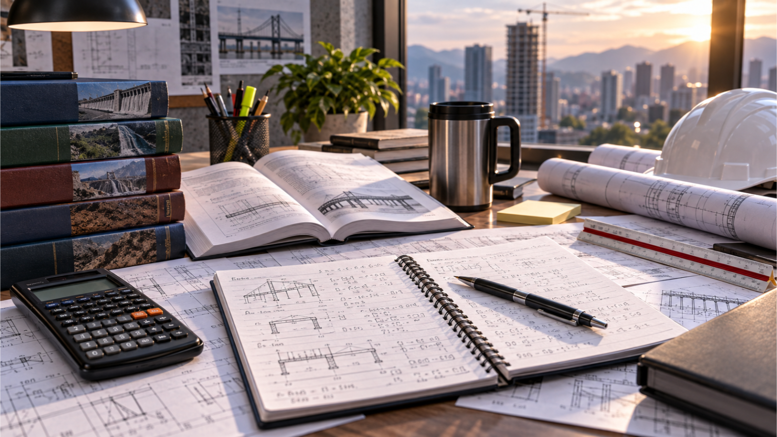Comprehensive civil engineering review desk with structural notes, calculator, textbooks, construction plans, and exam preparation materials