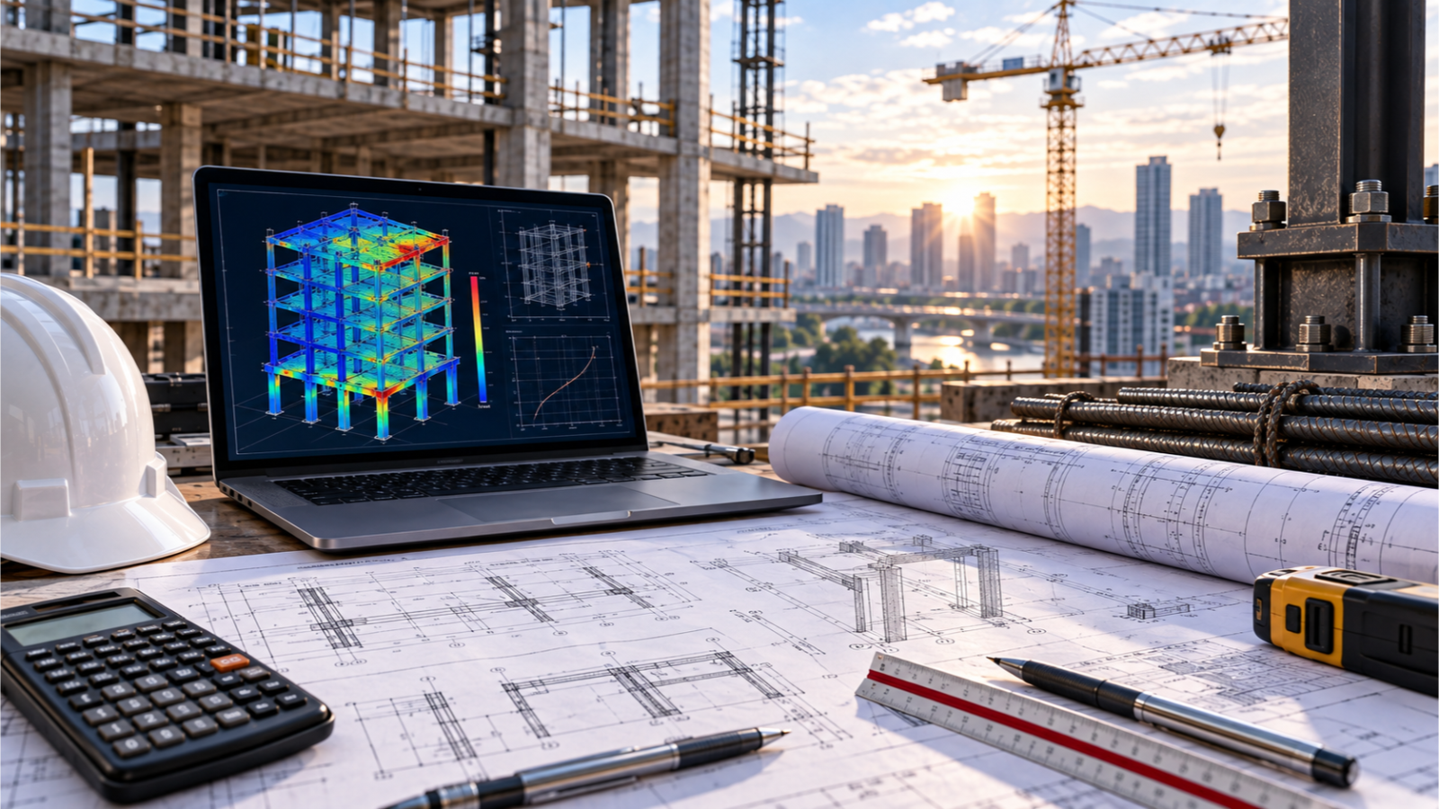 Structural engineering analysis workstation showing a finite-element building model beside reinforced-concrete construction drawings and reinforcement