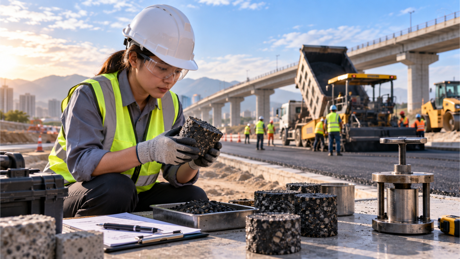 Materials engineer inspecting asphalt cores at an active highway paving project with field testing equipment and construction crews