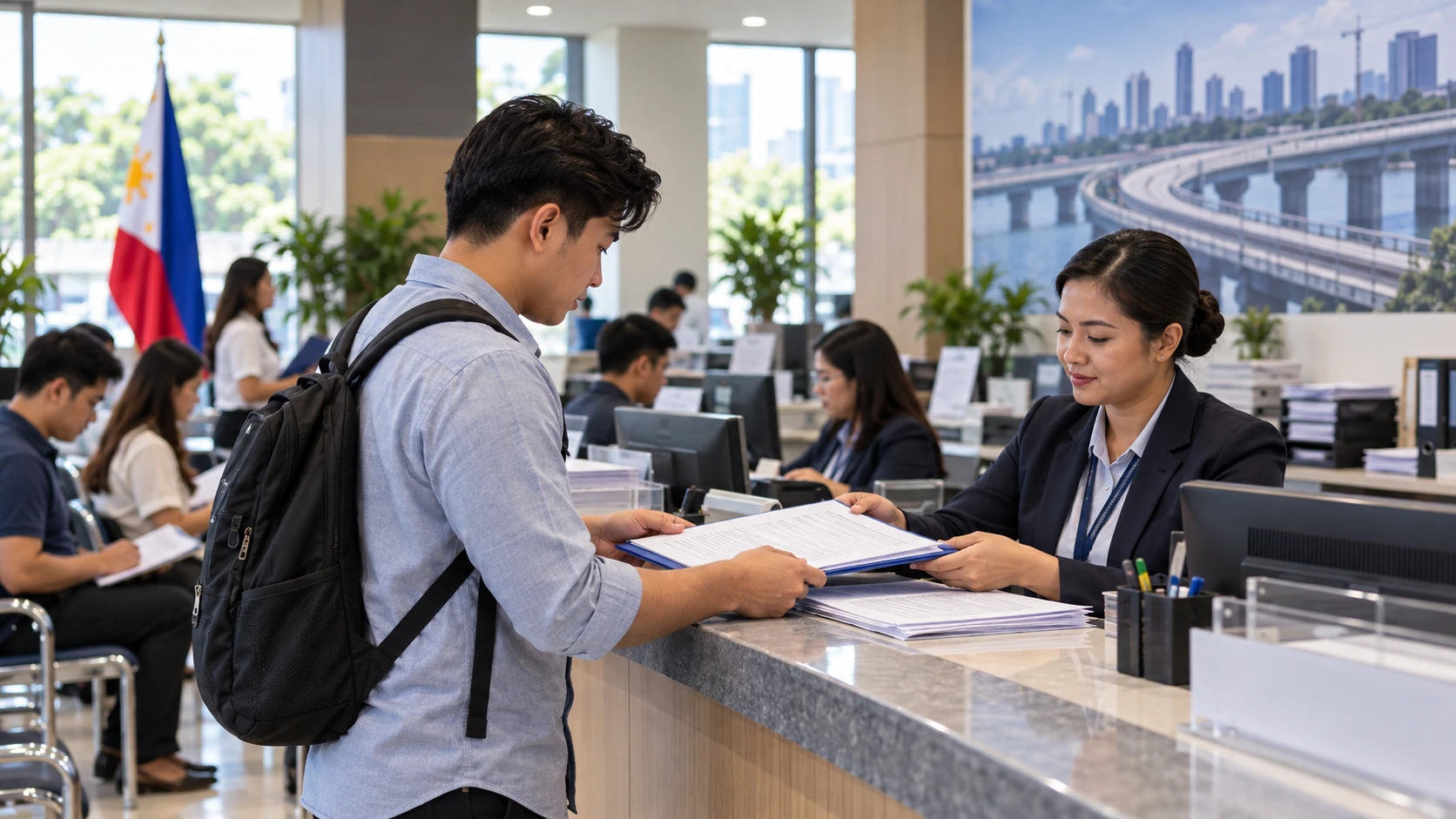 Engineer submitting accreditation documents at a Philippine government service counter