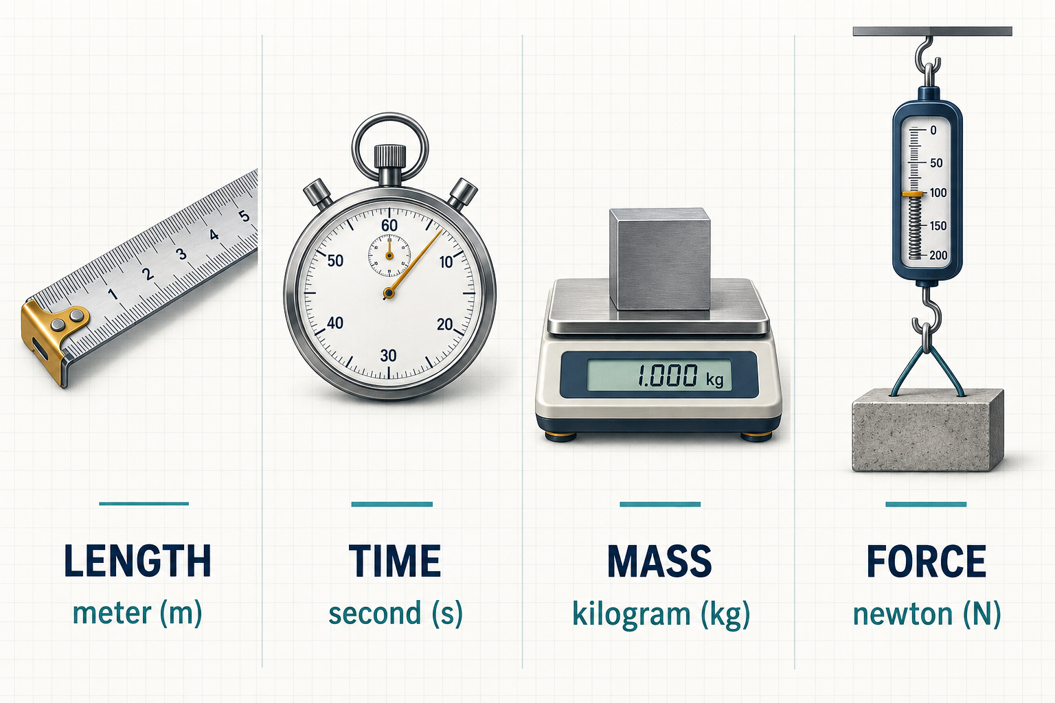 Four stations showing a ruler for length in meters, a stopwatch for time in seconds, a balance for mass in kilograms, and a force gauge for force in newtons.