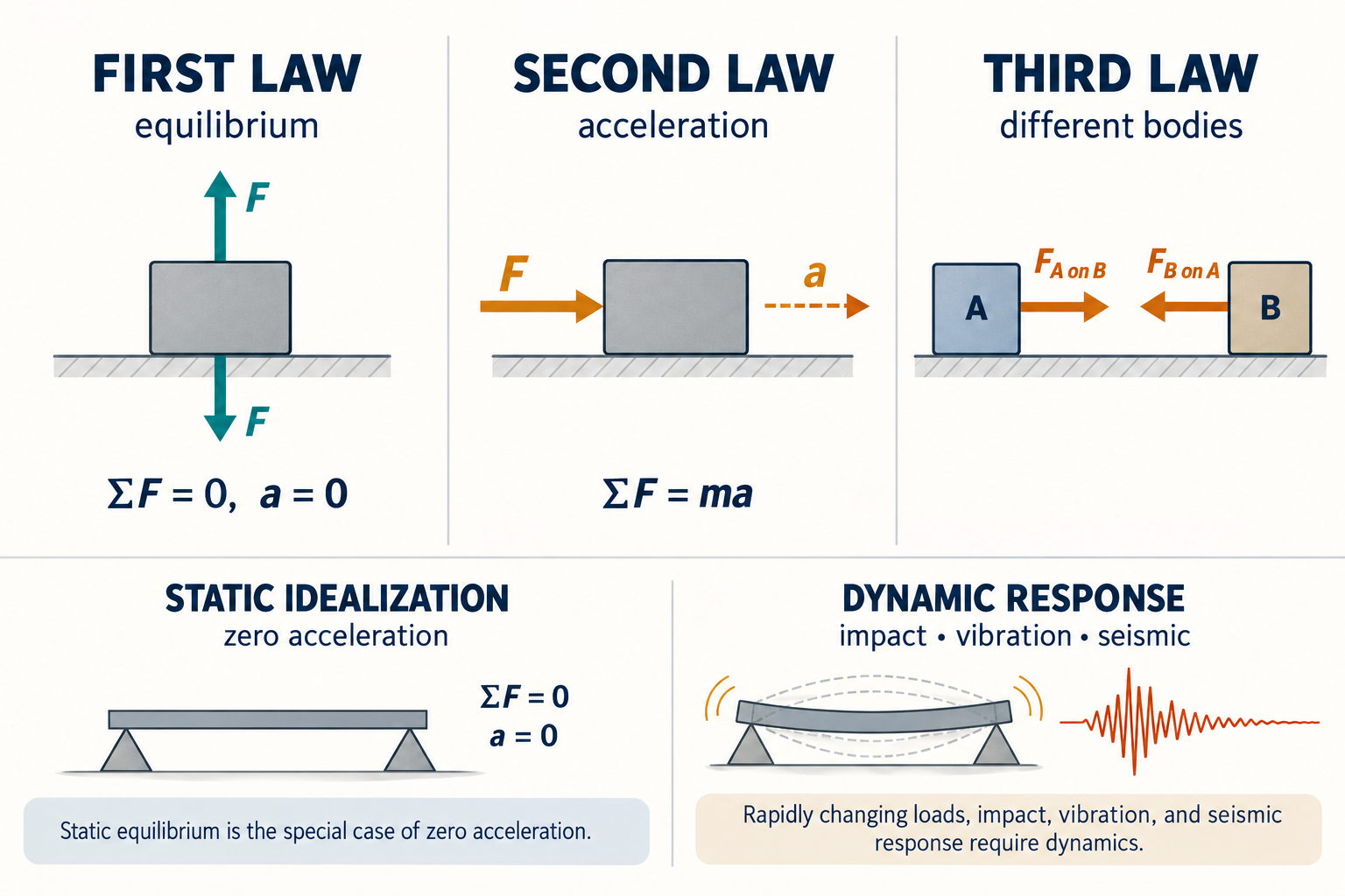 Infographic comparing Newton's three laws, static equilibrium with zero acceleration, and dynamic response to impact, vibration, and seismic loading.