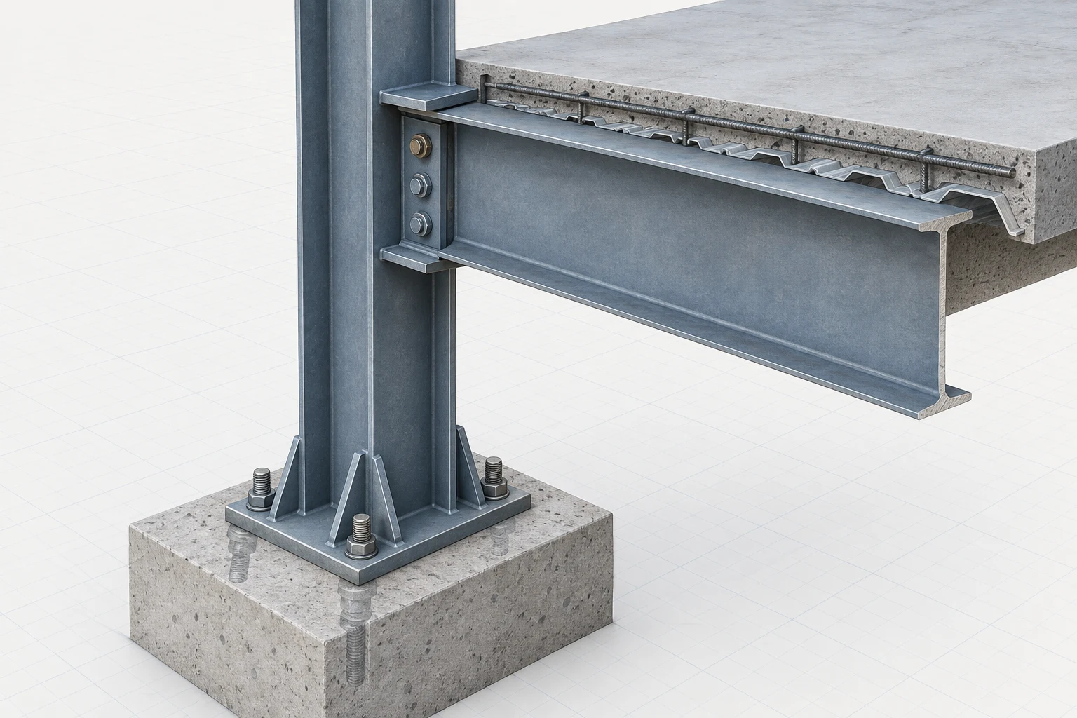 The Member System Behind the Mechanics Connected steel beam, column, slab edge, and foundation assembly shown as a clean architectural cutaway.