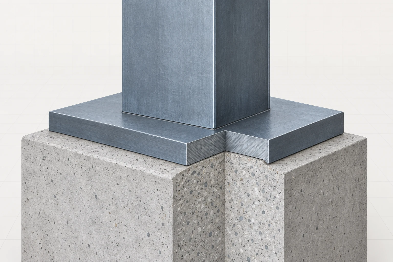 Steel compression member seated on a broad bearing plate over a concrete support.