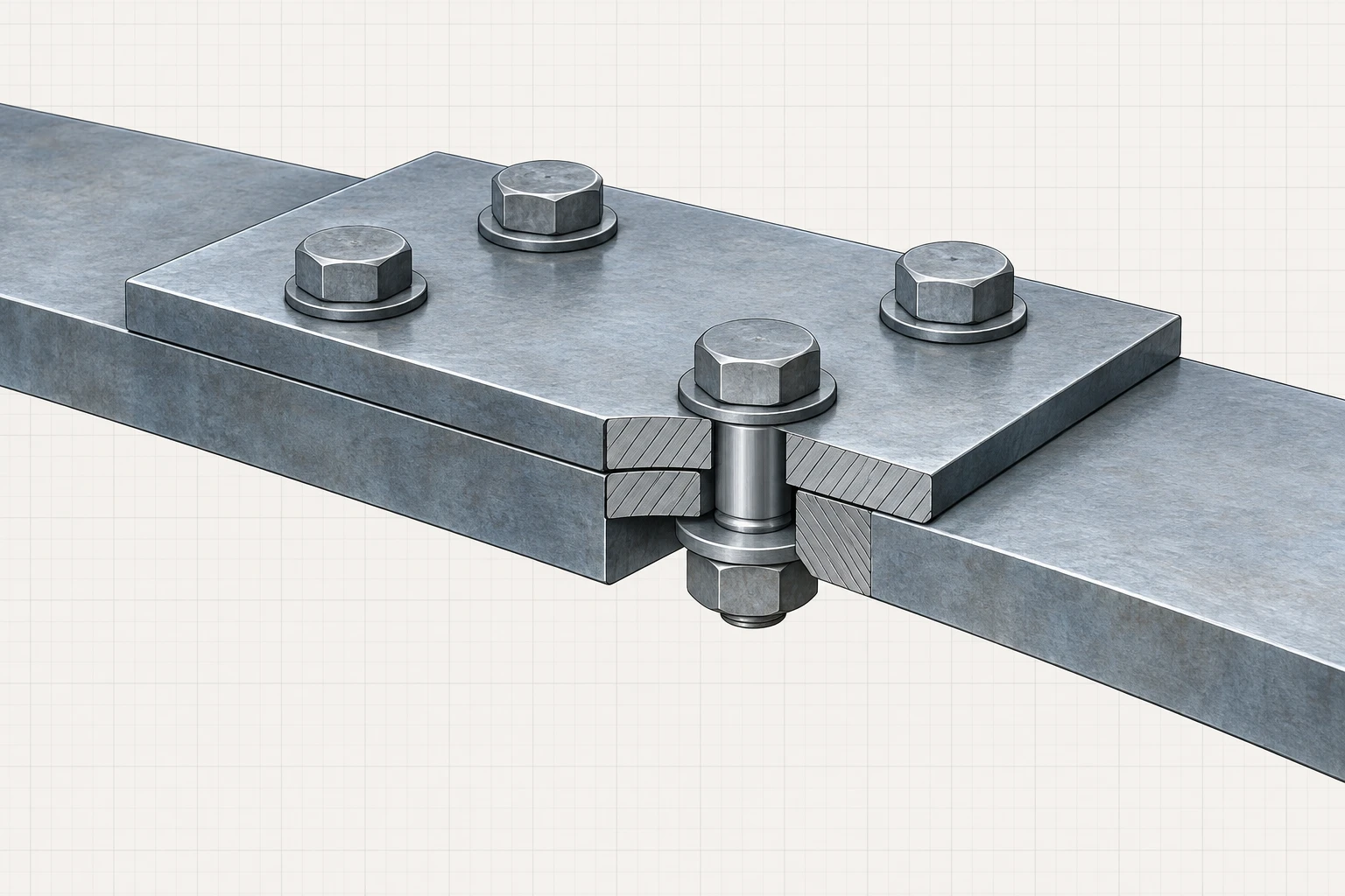 Text-free cutaway of connected steel plates and bolts in a lap connection.