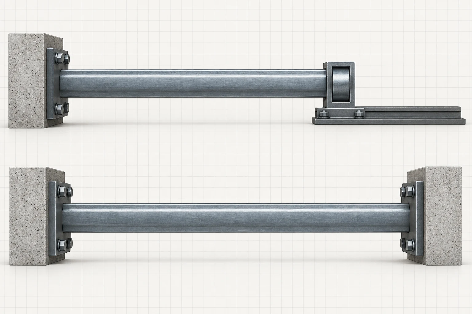 Two matching steel members show a guided free end above and rigid end restraints below.