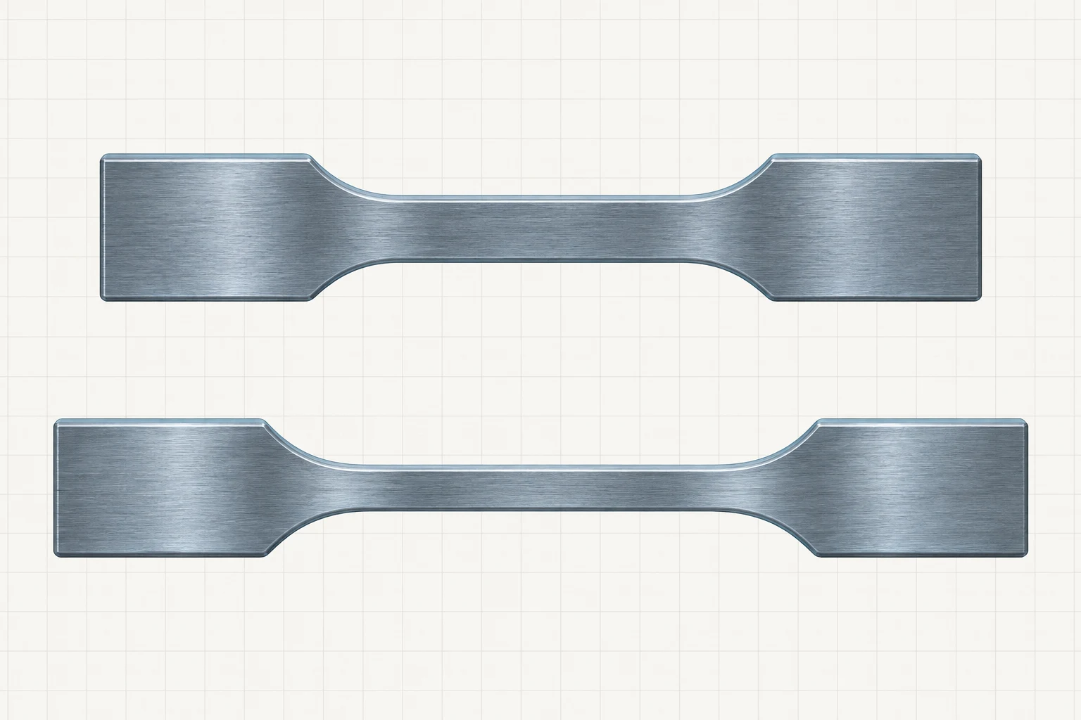 Two intact metal tensile specimens show an original gauge shape and a subtly longer, narrower gauge shape.