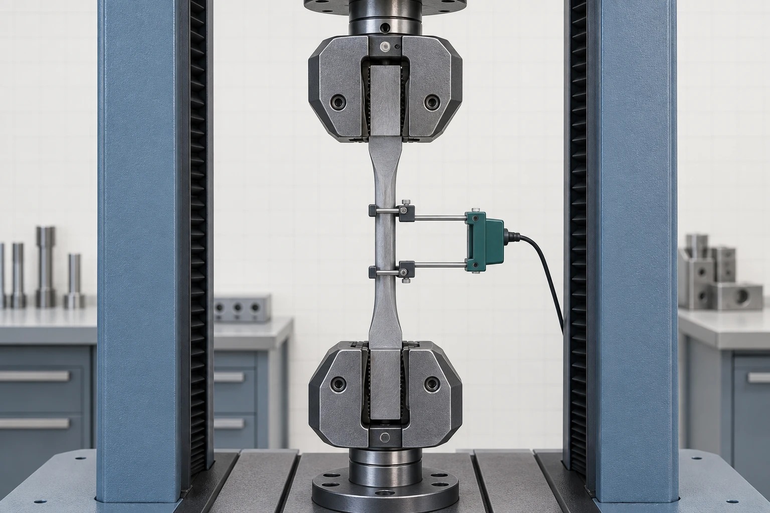 Universal testing machine holding a straight dog-bone specimen with a clip-on extensometer across its gauge section.