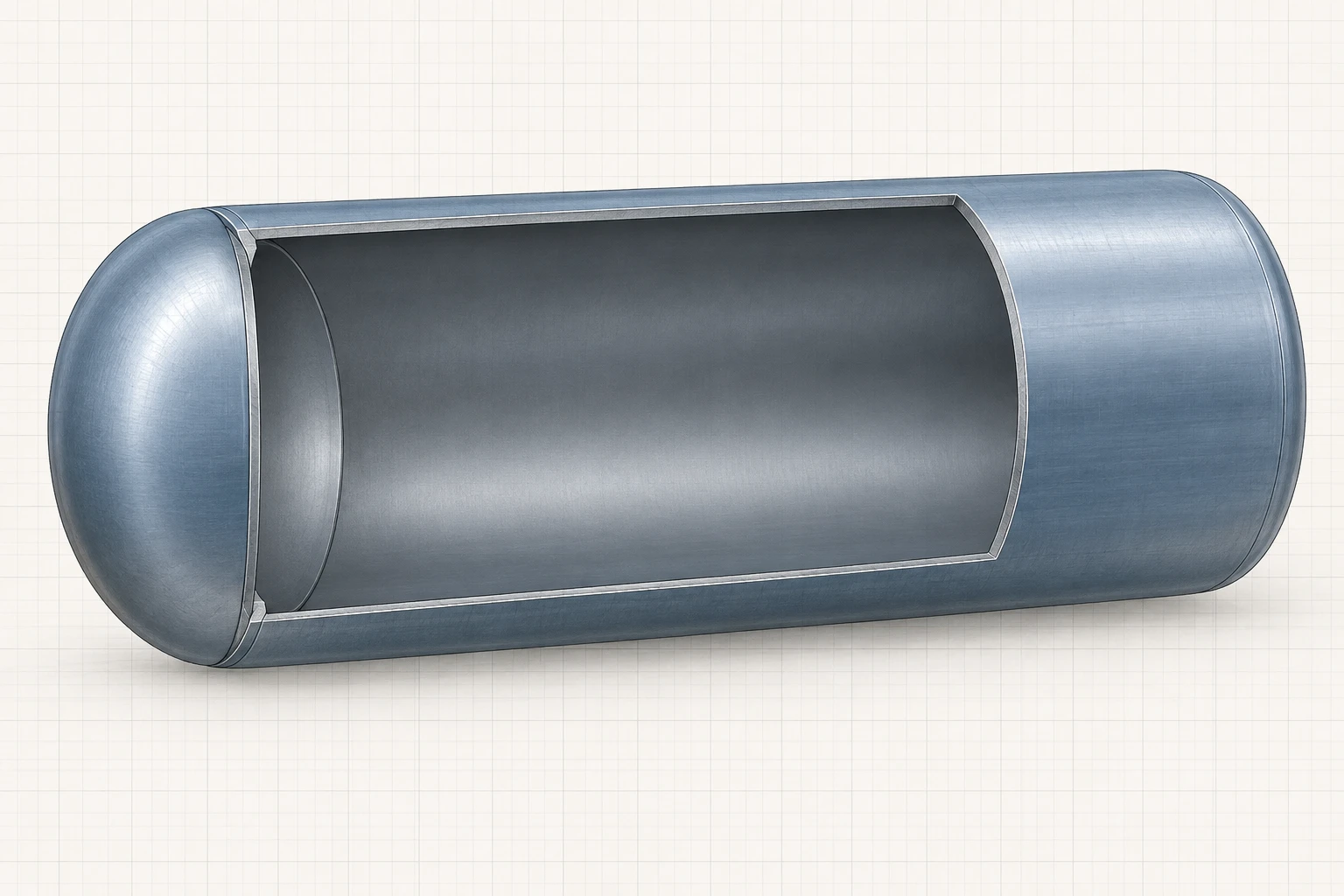 Text-free cutaway of a closed cylindrical vessel showing a thin shell and an intact end cap.