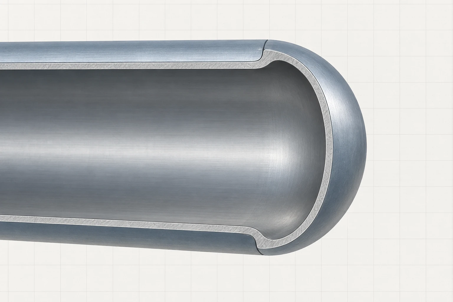 Text-free longitudinal cutaway of a cylindrical shell flowing continuously into a rounded end cap.