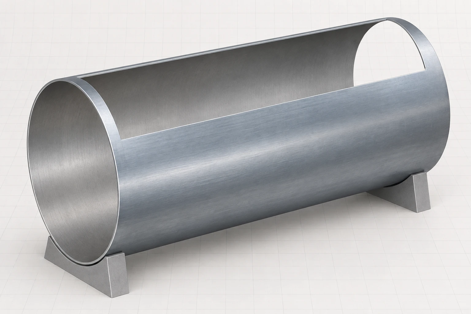 Text-free formed cylindrical shell on simple supports with a clean cutaway exposing its curved wall.