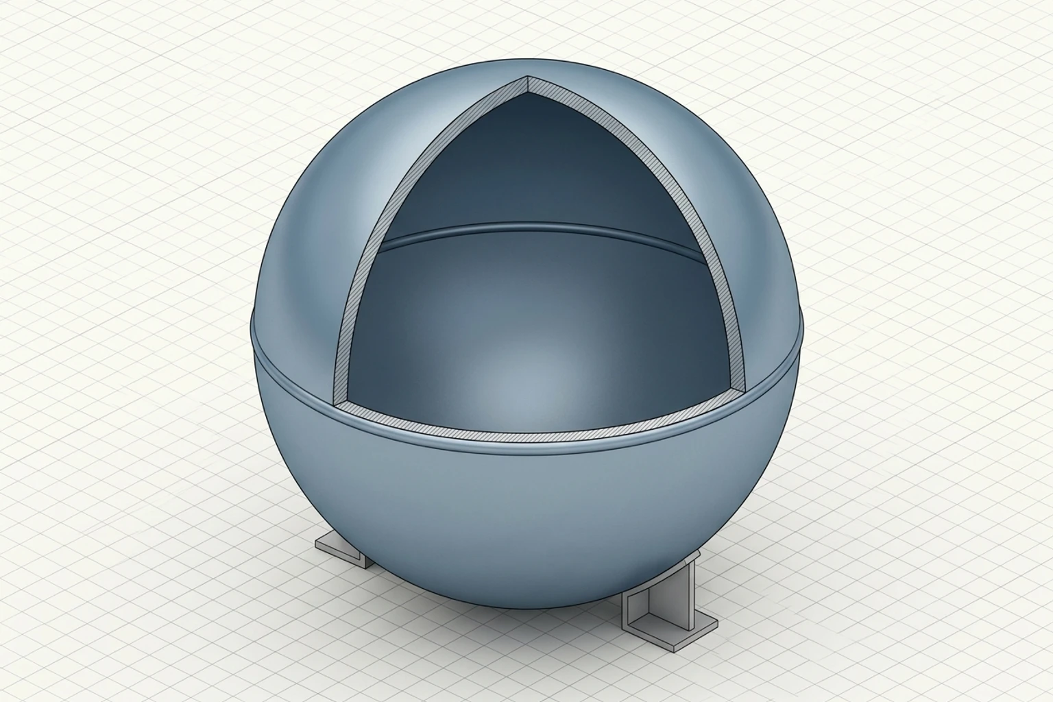 Text-free cutaway of a closed spherical metallic shell with a continuous curved wall.