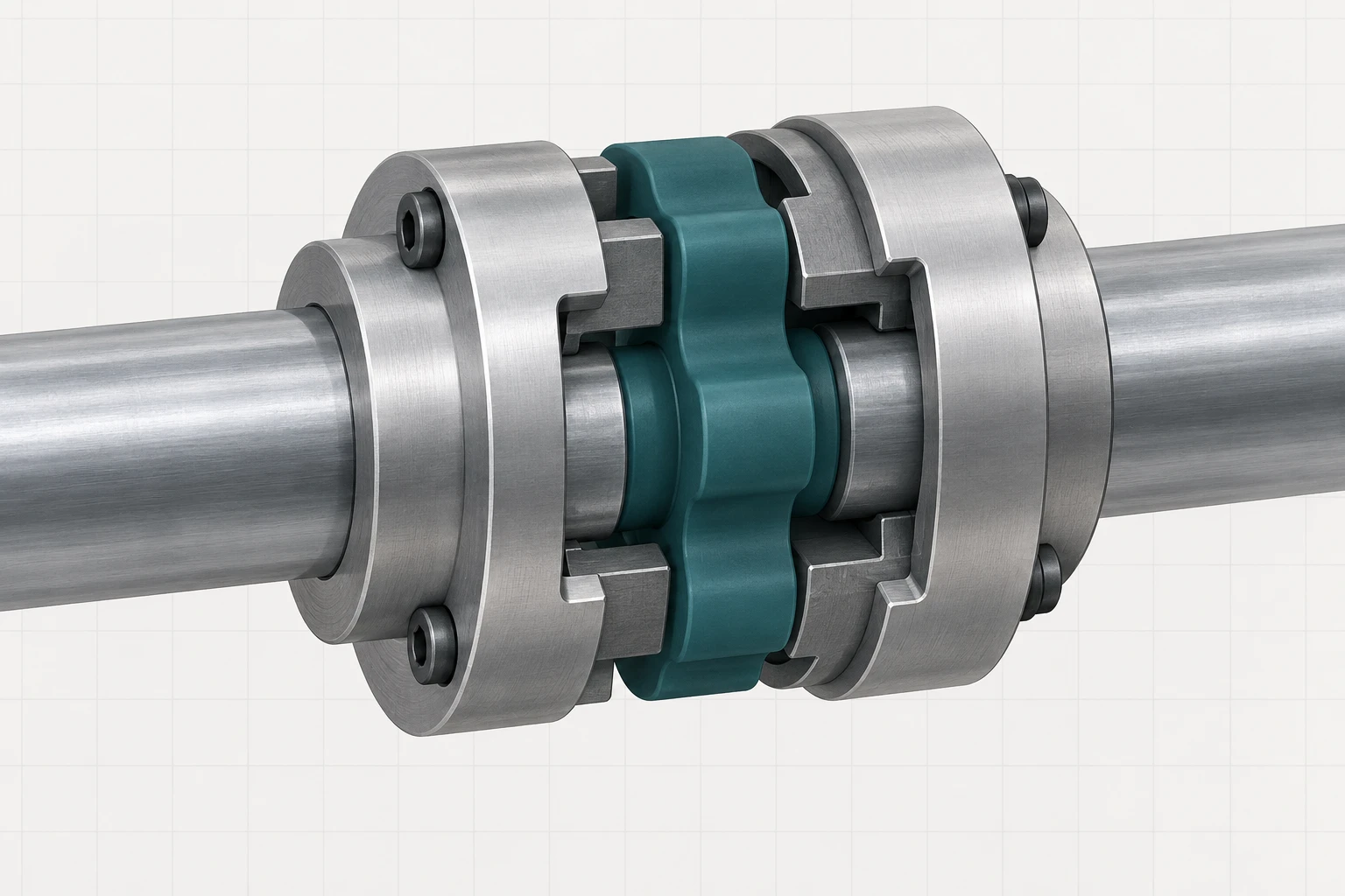 Text-free close-up of two coaxial shaft ends seated in a flexible coupling with exposed hubs.