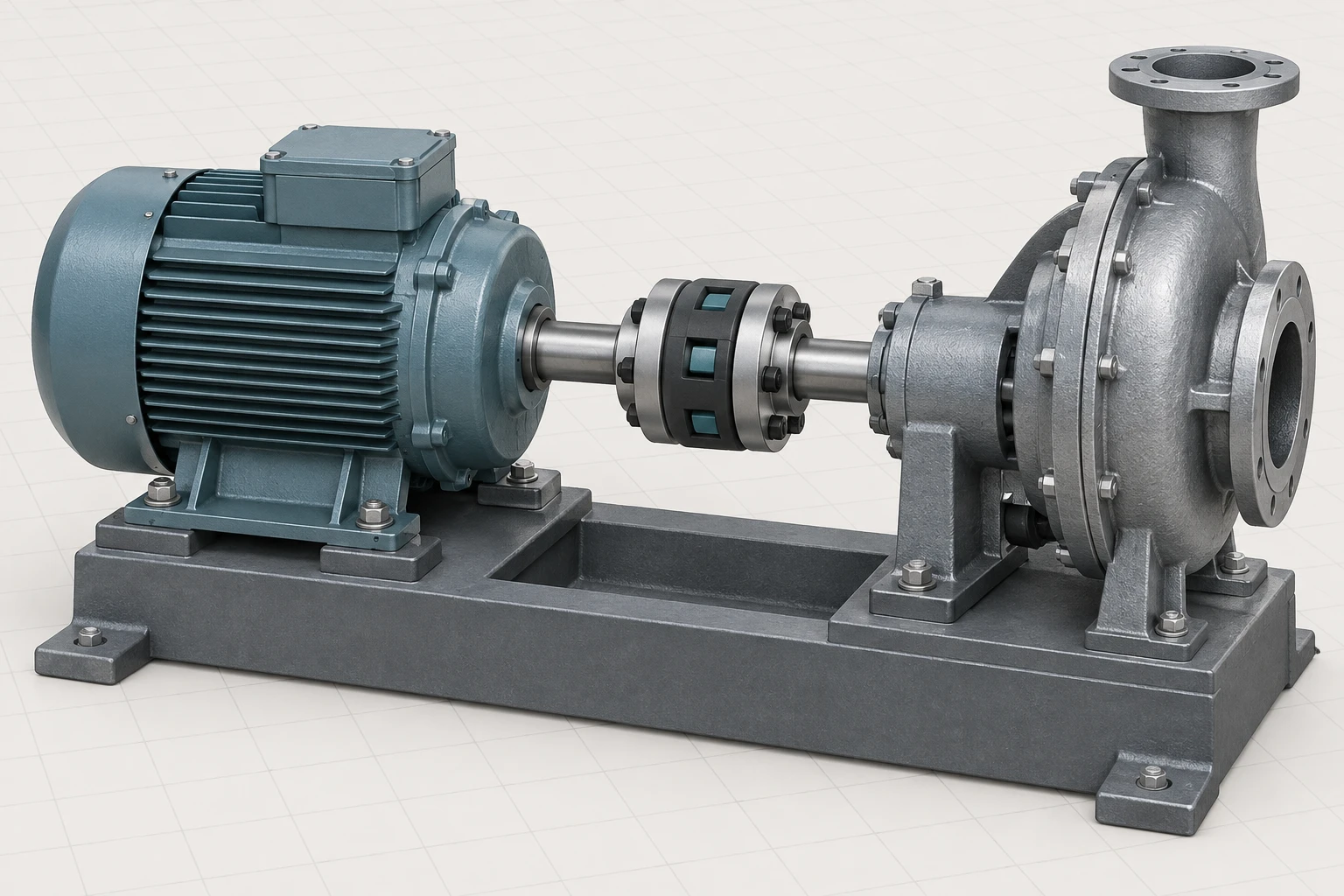 Text-free compact drive showing an electric motor, coaxial shaft, flexible coupling, and driven pump housing on a common base.