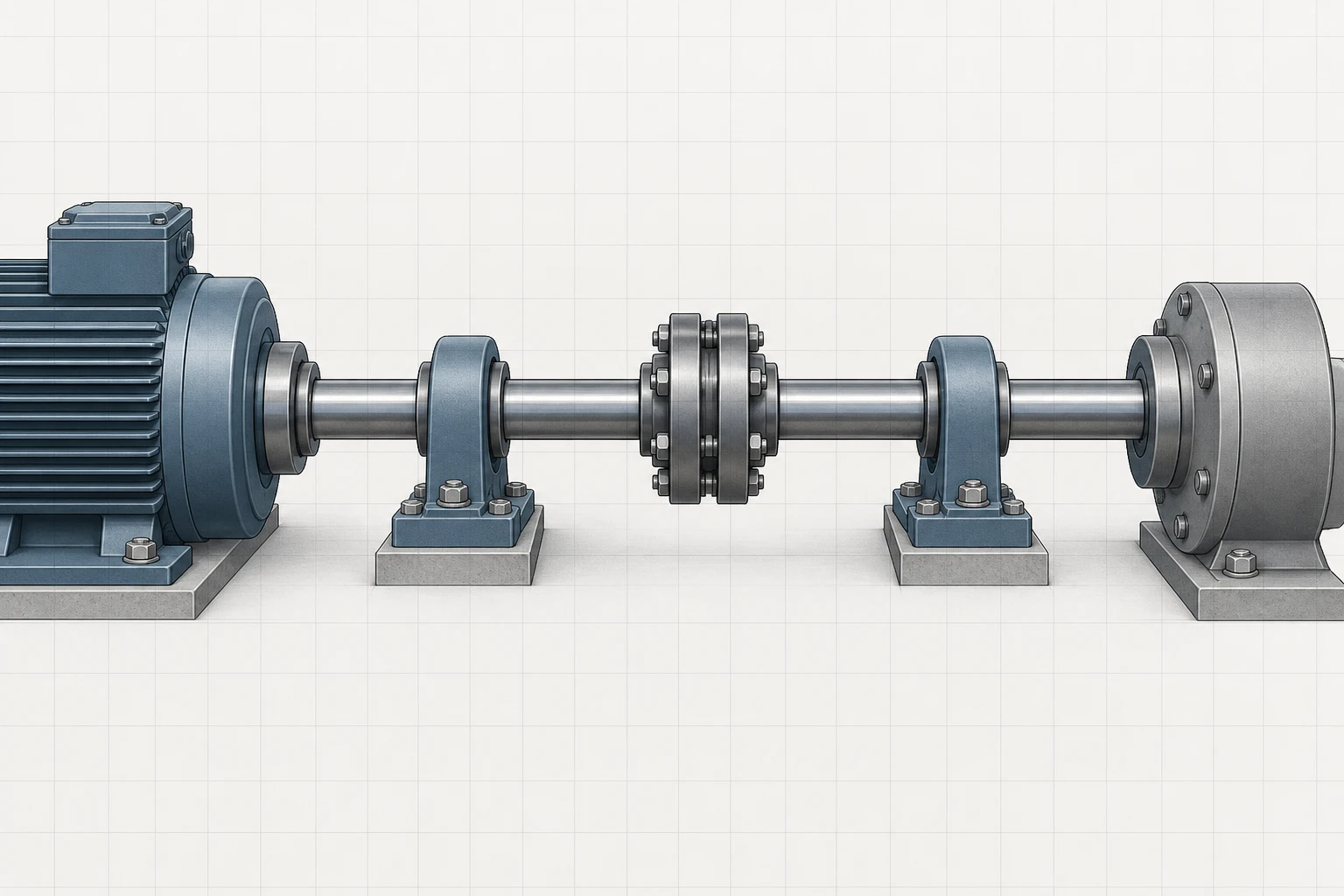 Idle shaft line with a circular shaft, bearing supports, flanged coupling, motor housing, and load hub.