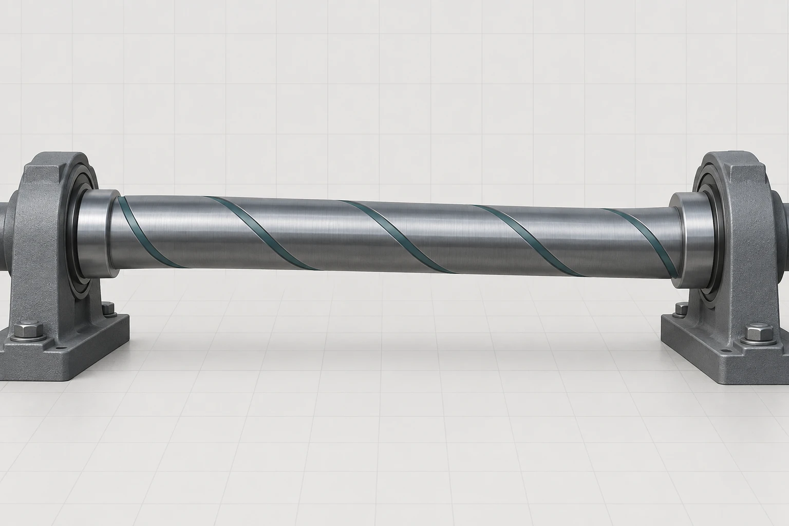 Text-free intact circular shaft between bearing supports with a restrained helical surface cue.