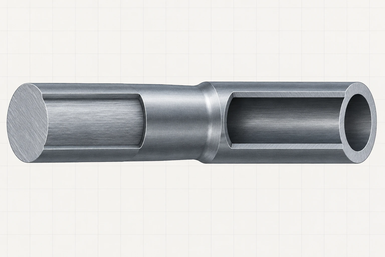 Text-free connected shaft assembly showing a solid circular section beside a hollow tubular section.