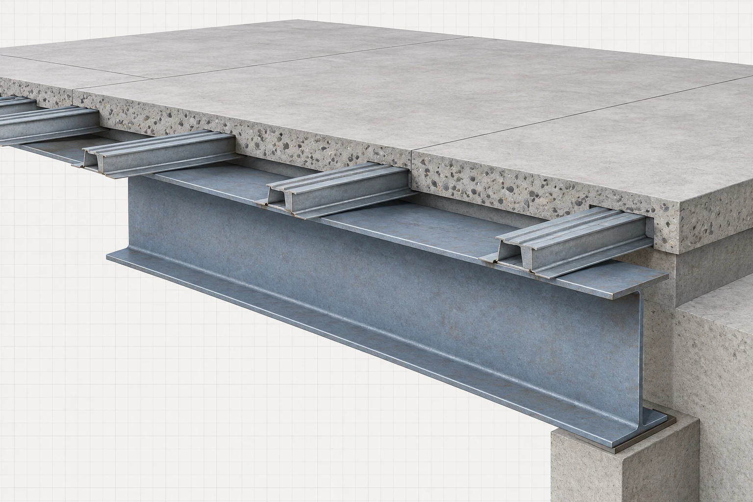 Text-free cutaway of a concrete floor slab and secondary steel members resting on a main steel beam.