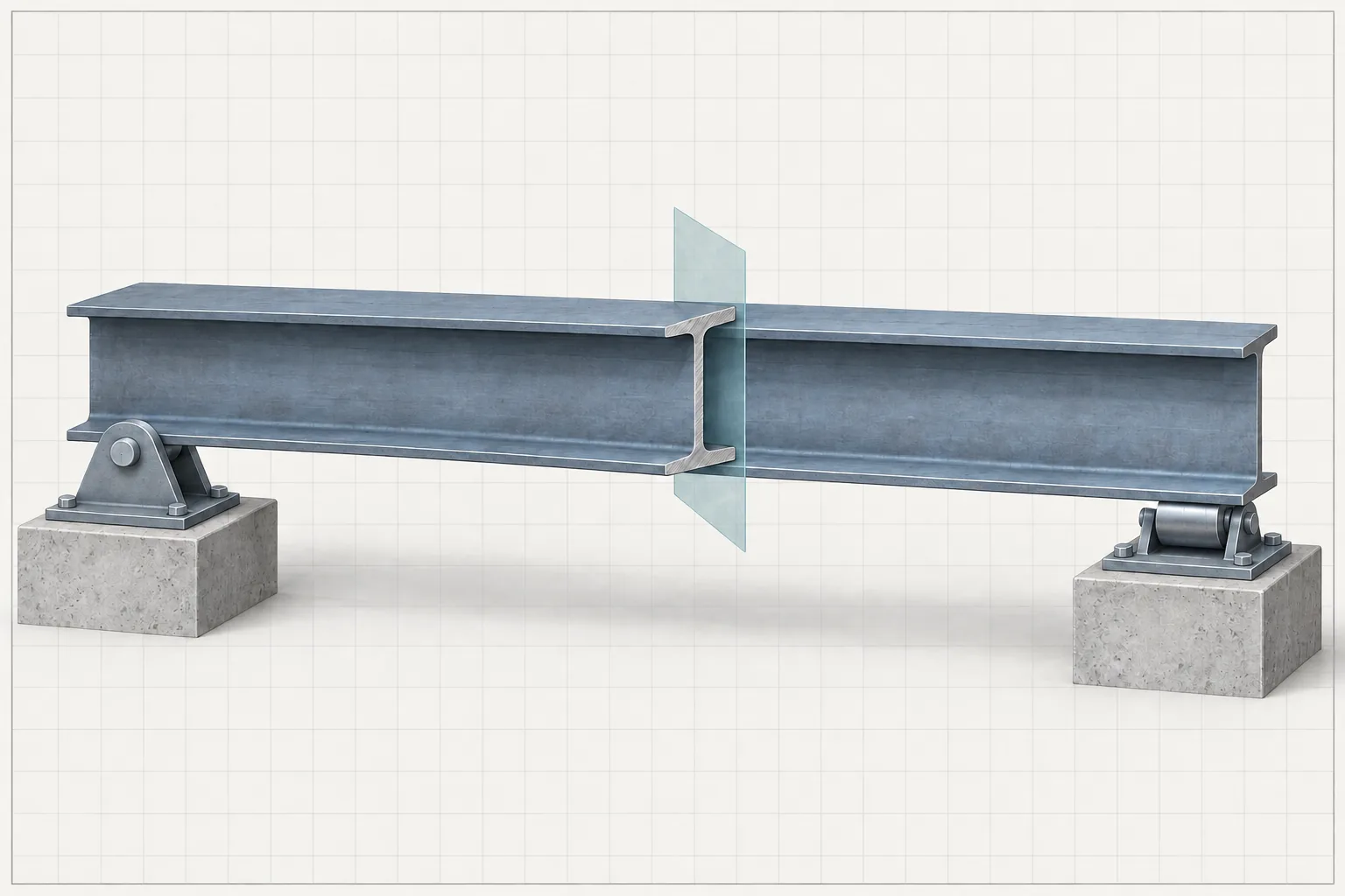 Text-free technical illustration of a simply supported steel beam with an exposed section plane between pin and roller supports.
