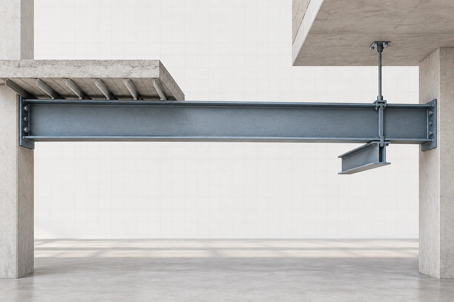 Text-free architectural cutaway showing one continuous steel beam with a slab zone, open span, and localized hanger zone.