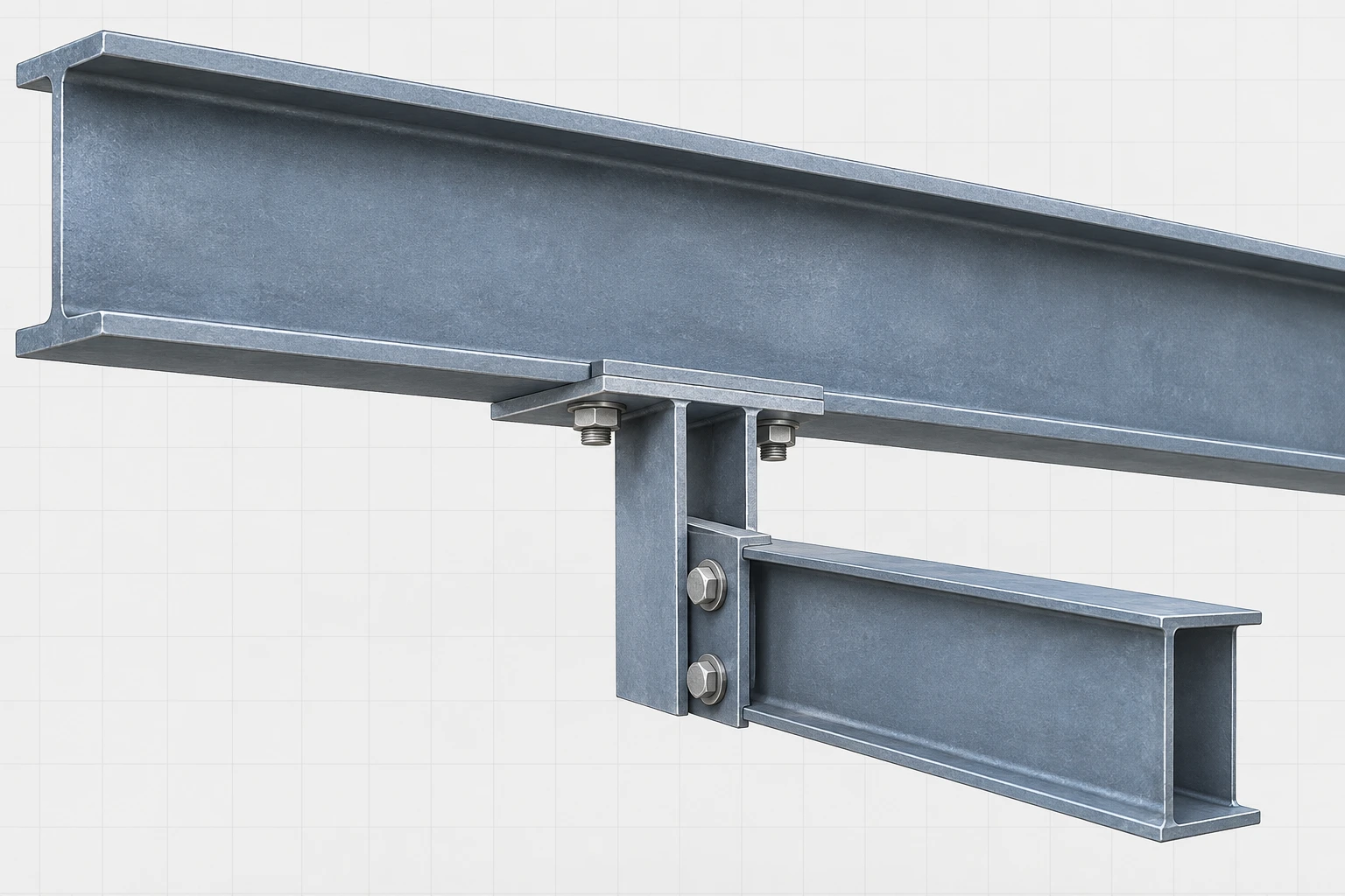 Text-free close-up of a steel I-beam with one bolted underside hanger supporting a short secondary member.