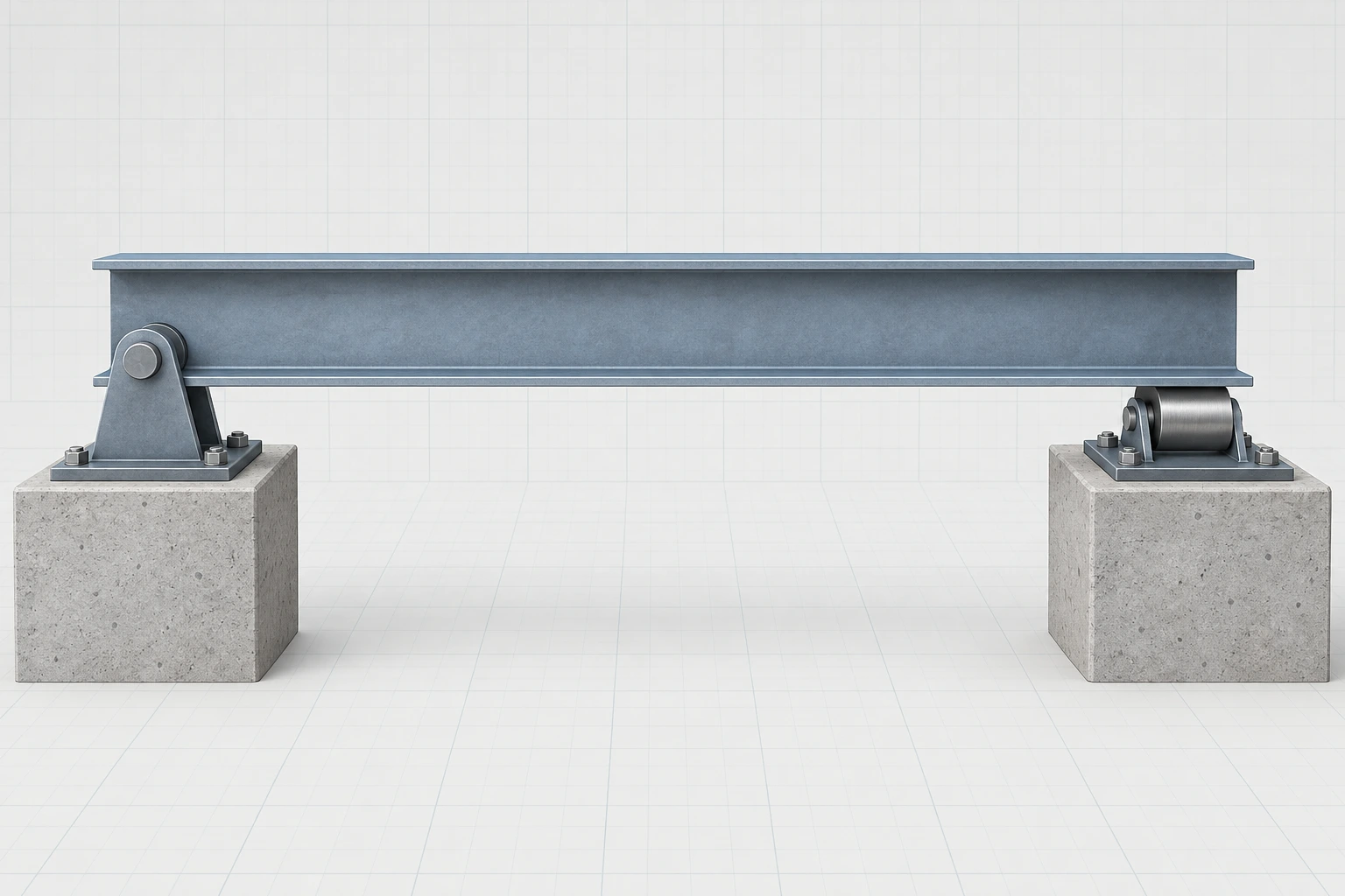 Text-free technical view of a continuous steel beam resting on a pin support at one end and a roller support at the other.