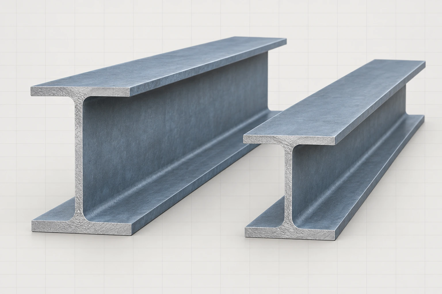 Text-free side-by-side view of two intact steel beam sections, one deep and one shallow, with exposed end faces.