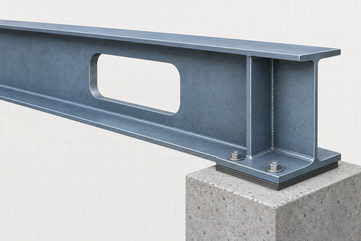 Text-free cutaway of a steel I-beam with a rounded web opening and a connected bearing plate at a concrete support.