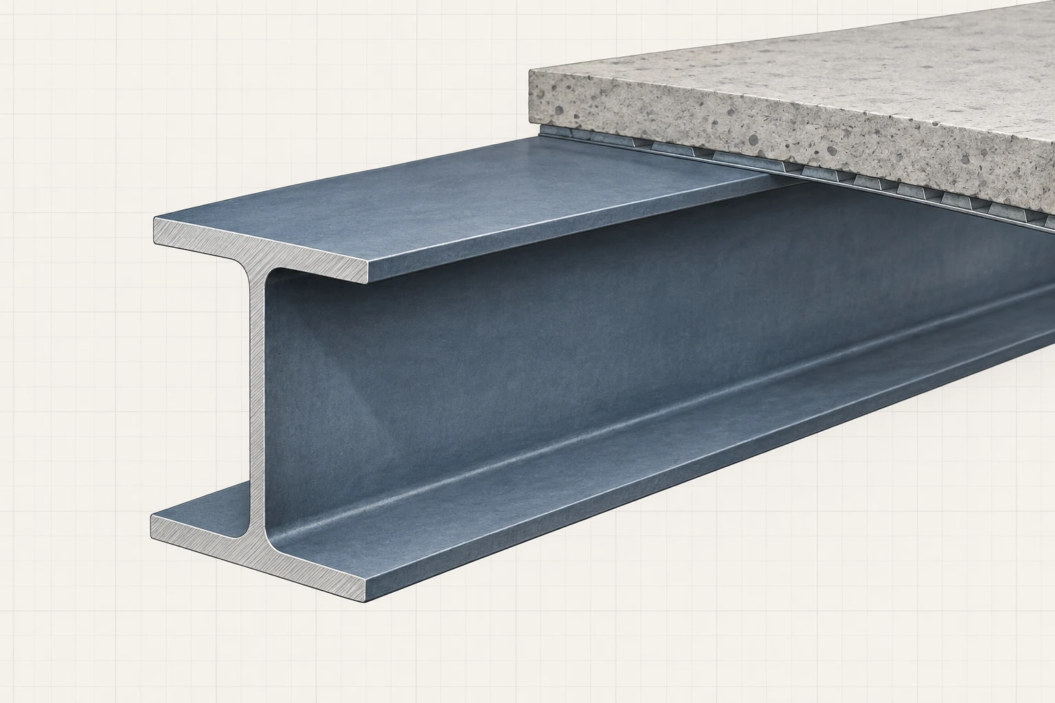 Text-free cutaway of a connected steel I-section beam with continuous flanges, web, and a restrained floor edge.