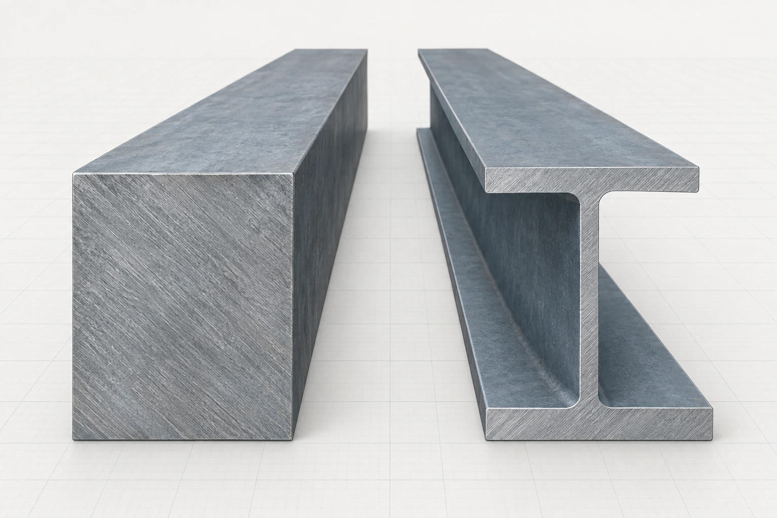 Text-free side-by-side comparison of a solid rectangular steel beam and a connected steel I-section.