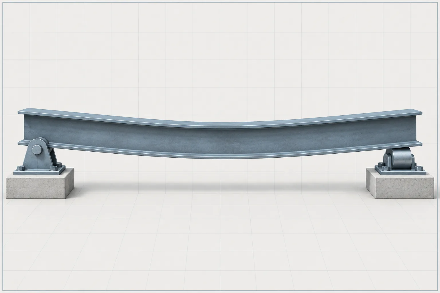 Text-free technical illustration of an intact steel beam with a modest smooth sag between pin and roller supports.