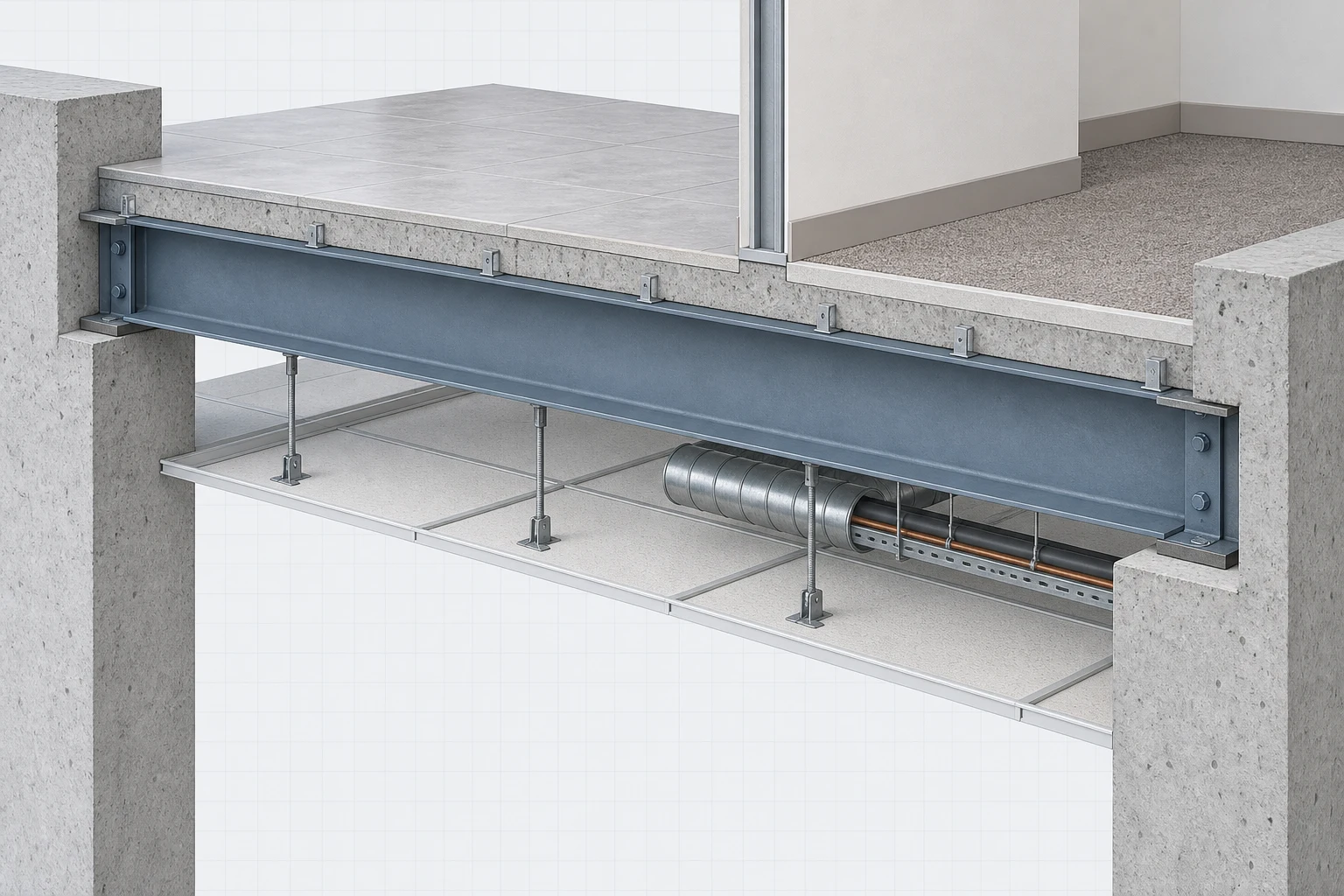 One connected beam carrying floor, partition, ceiling, and service contexts along its span.