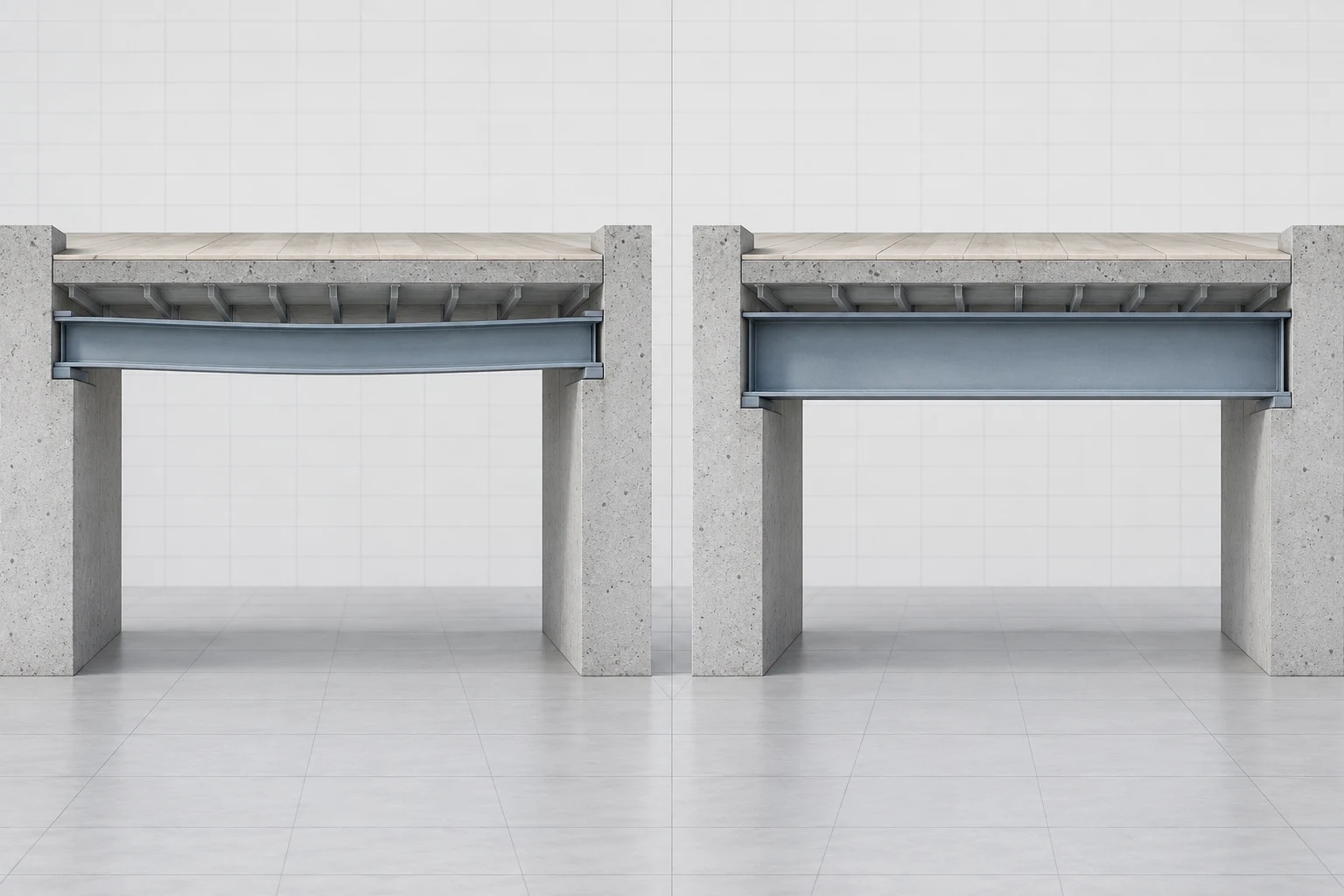 Two matching structural floor bays compare a shallow steel beam with a deeper one beneath similar slabs.