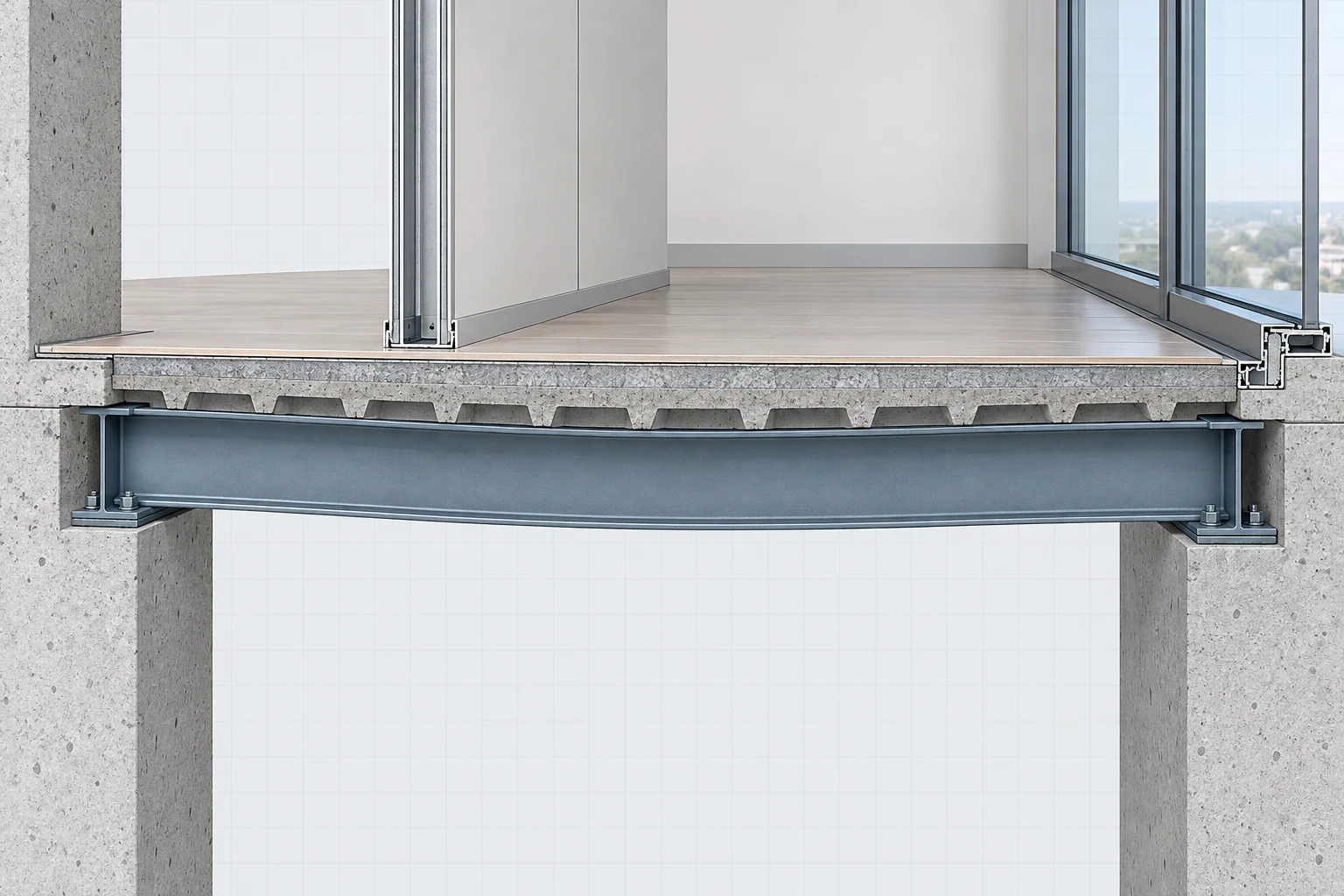 Connected steel beam beneath an intact floor finish, partition, and glazing interface.