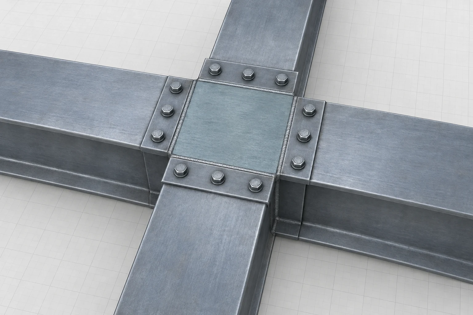 A rectangular steel plate region tied into orthogonal in-plane framing at a connected joint.