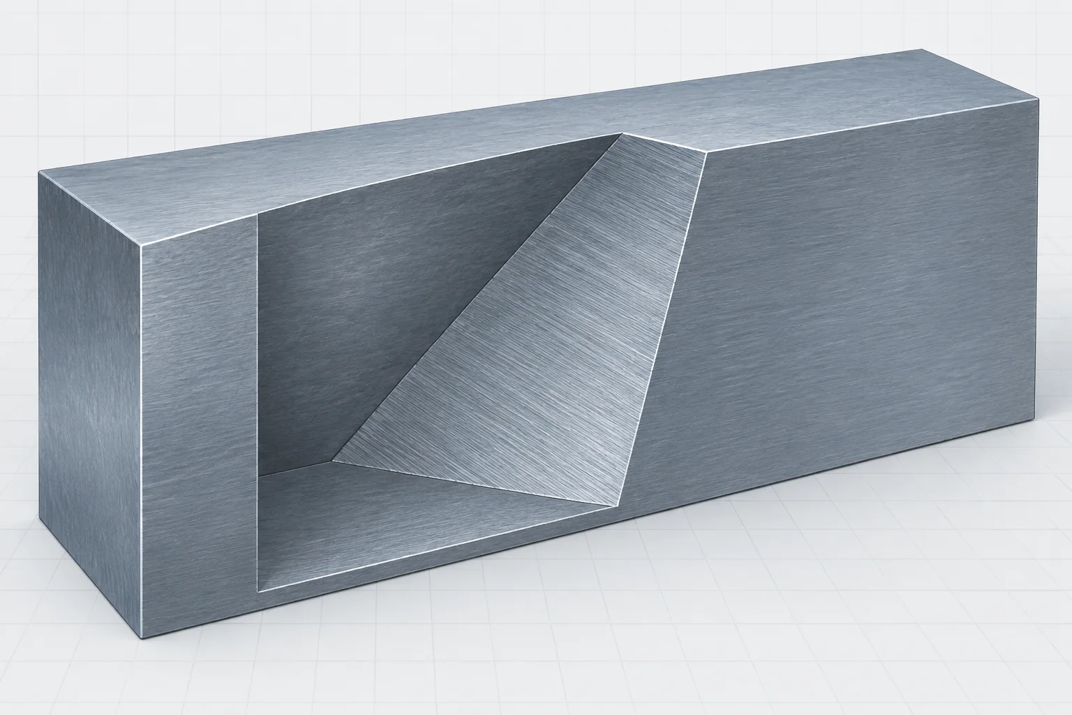Text-free cool blue-gray steel specimen with a clean oblique section cut through a connected rectangular body.