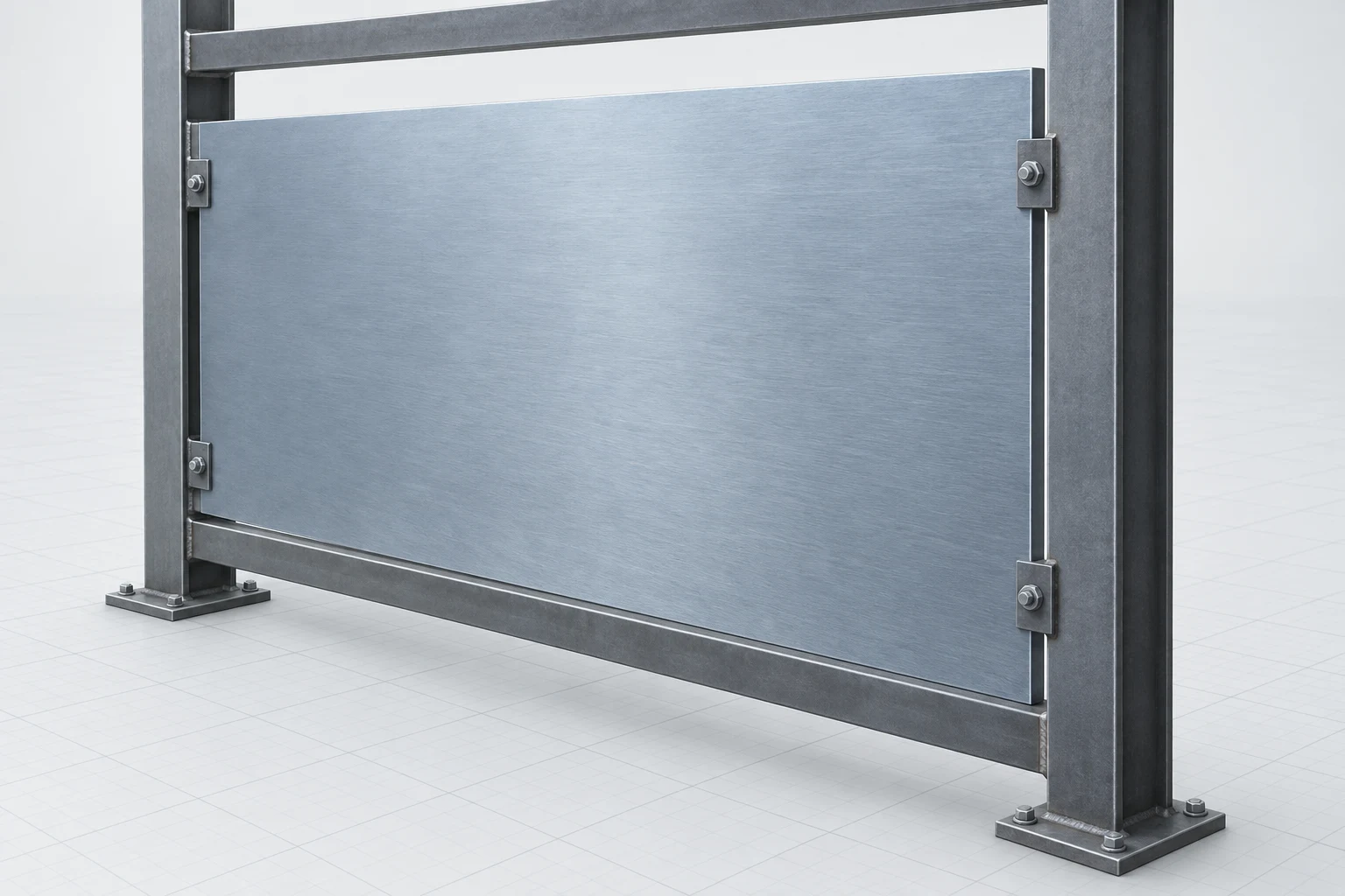 Thin steel plate connected to an orthogonal frame, with its broad material plane clearly visible.