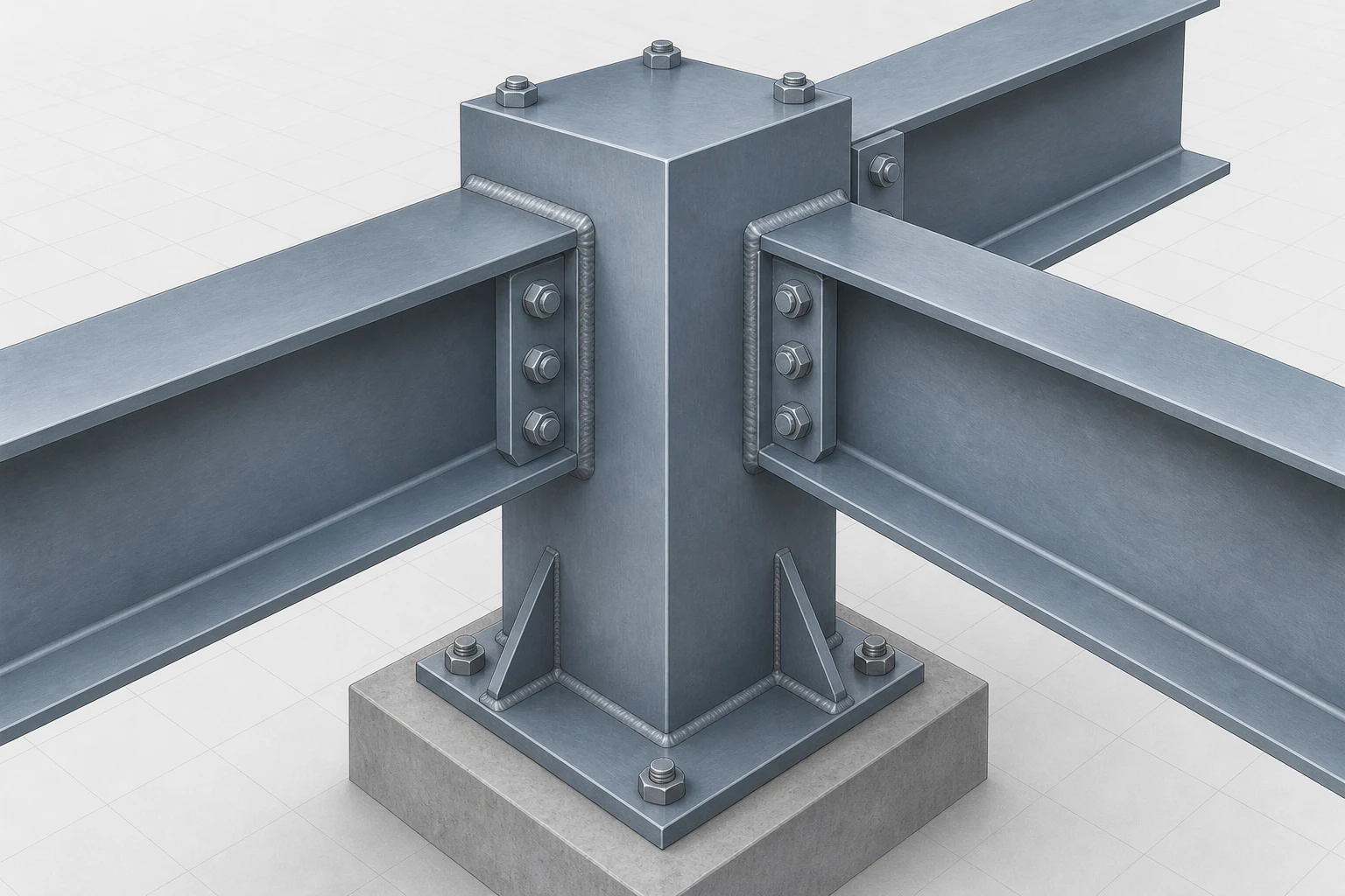Thick steel block integrated into orthogonal structural plates with visible depth on multiple faces.