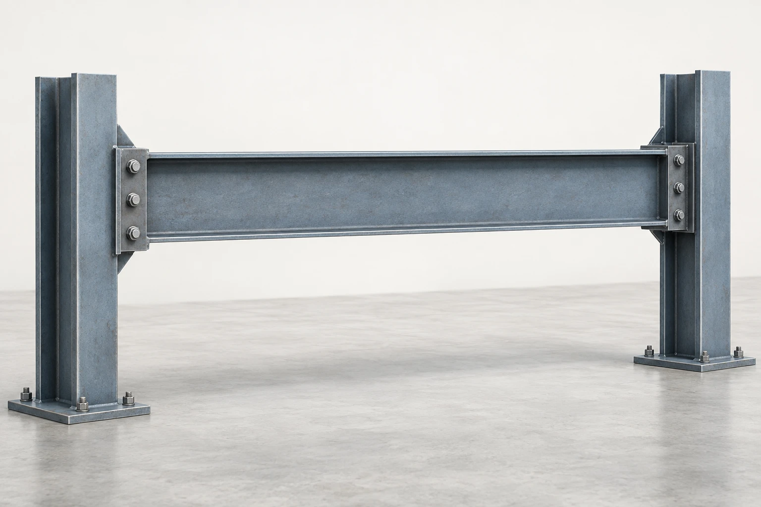 An intact steel wide-flange member spans between two connected frame posts with end joints.