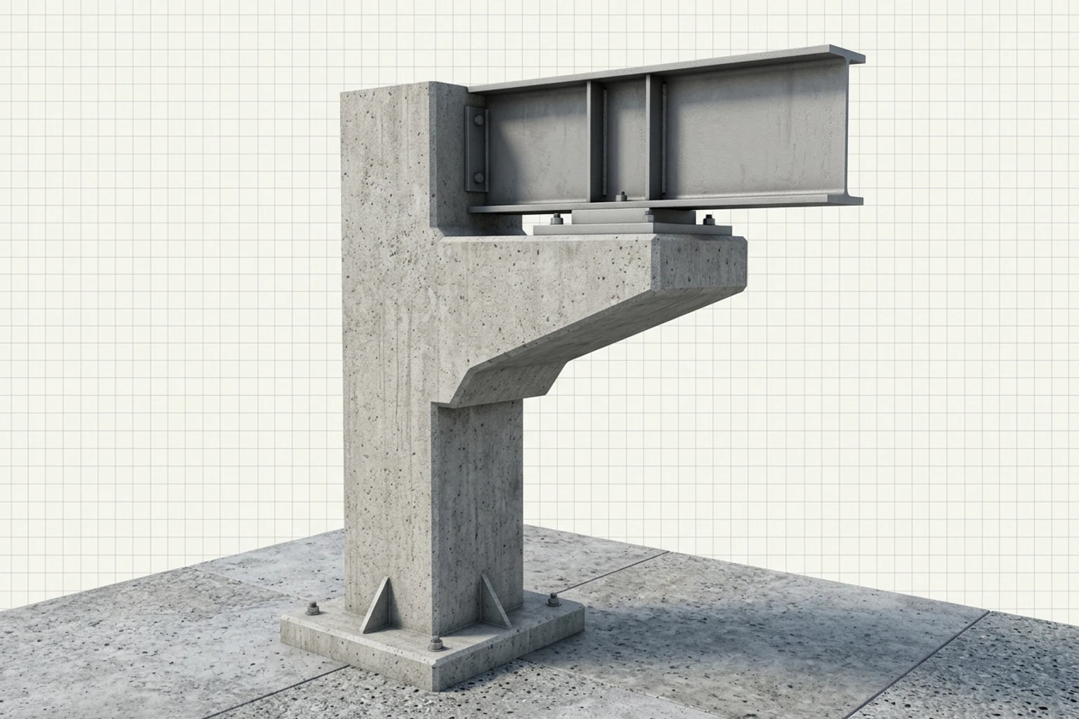 A concrete column with an offset corbel cap bracket supporting a steel beam on an eccentric bearing seat.