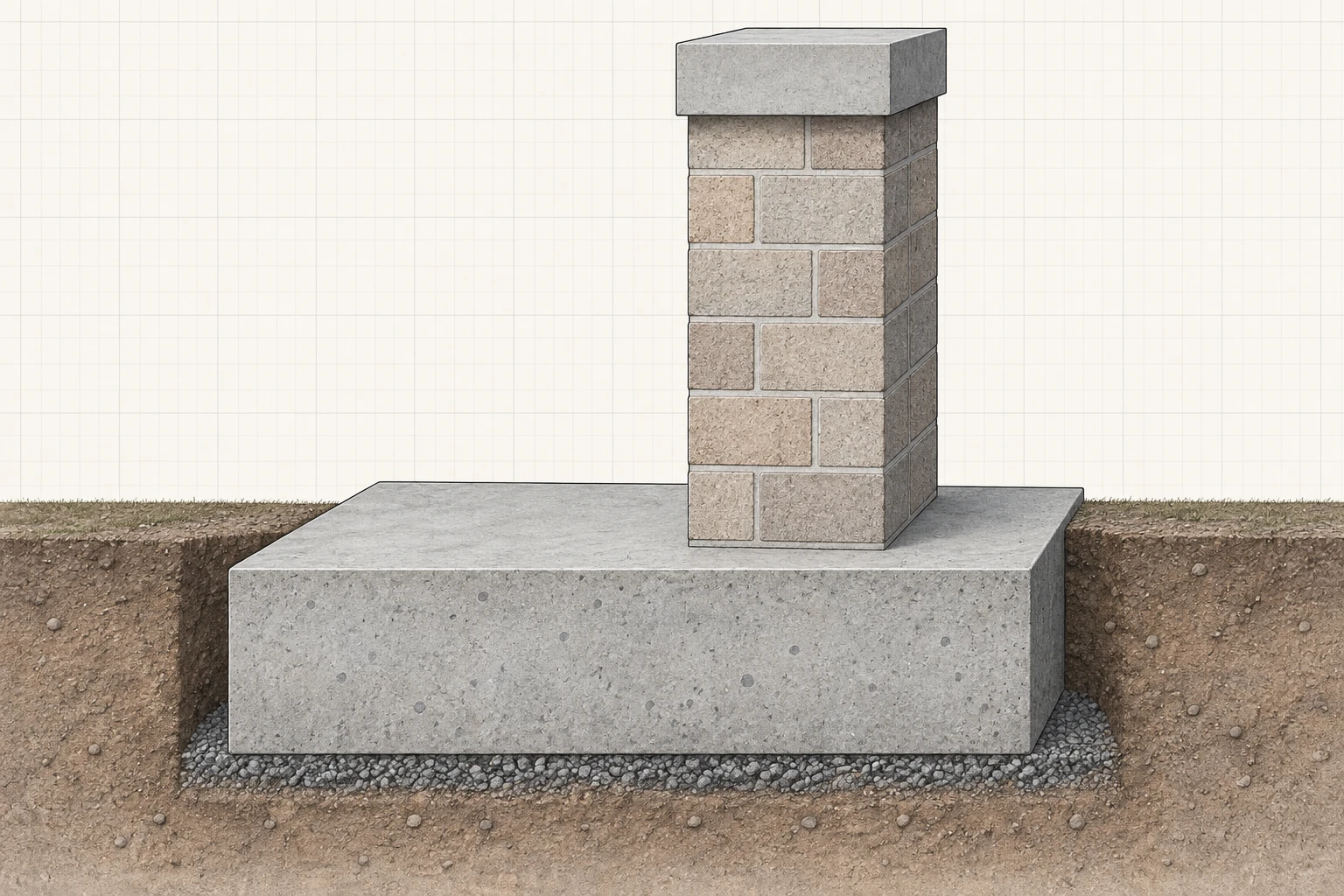 Sectional architectural masonry wall on a broad concrete footing with the wall visibly offset toward one side of the base.