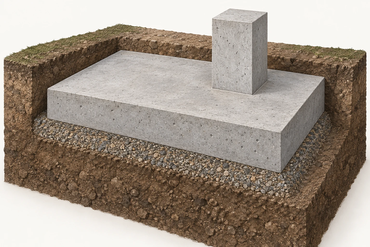 A rectangular concrete footing rests on a granular soil layer beneath an offset square pier.