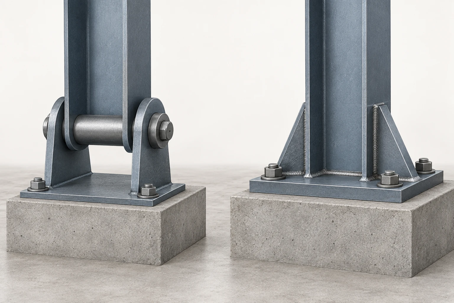 Physical End Restraint Context Two connected steel column ends compare a rounded pin assembly with a rigid base-plate assembly.