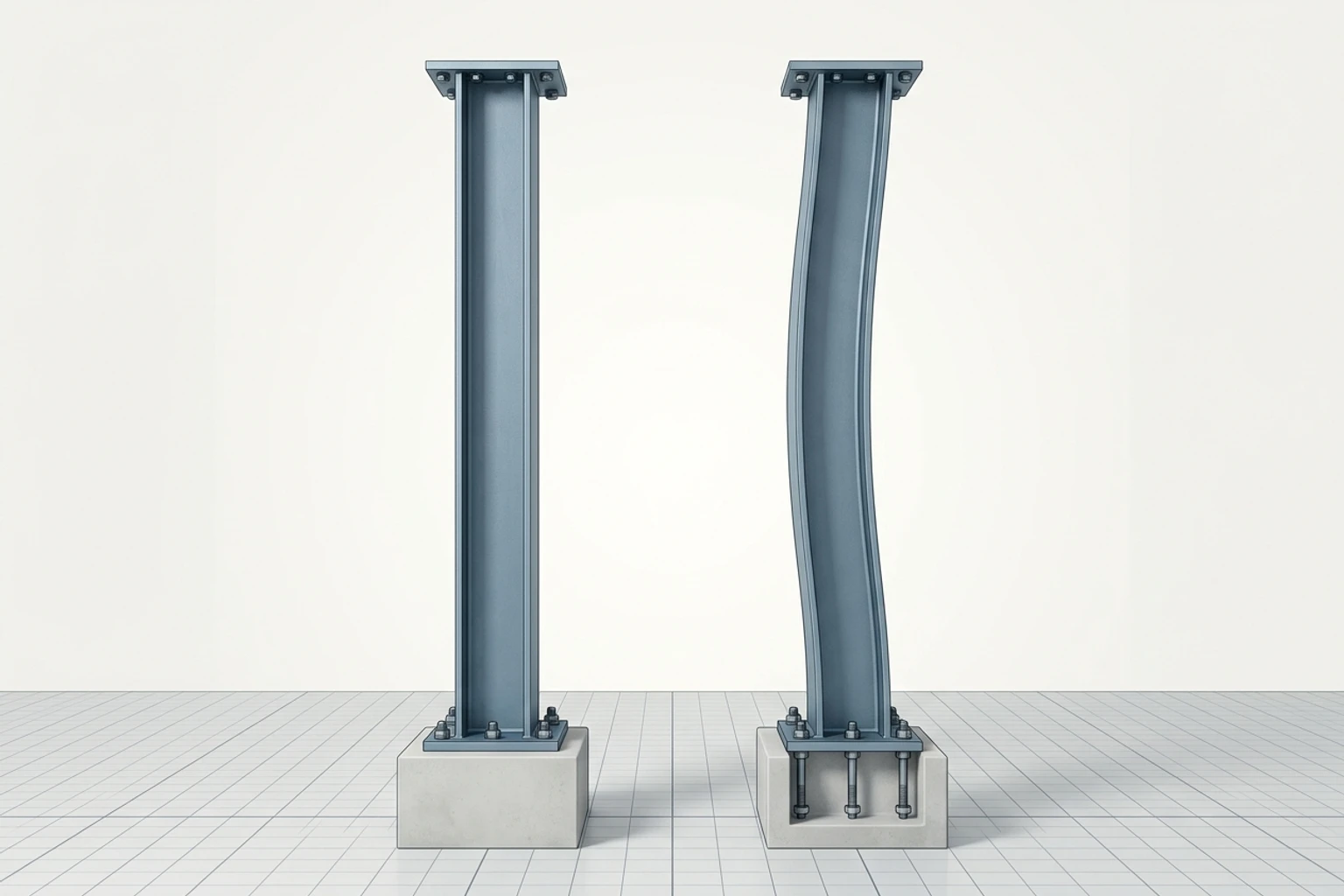 Initial Column Imperfection Side-by-side comparison of an ideal plumb straight steel wide-flange column and an identical column with an initial out-of-straightness sweep imperfection.